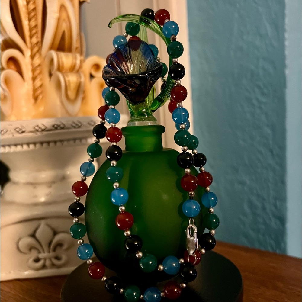 Vintage multicolored round gemstones, Sterling silver lobster clasp. 24” long.